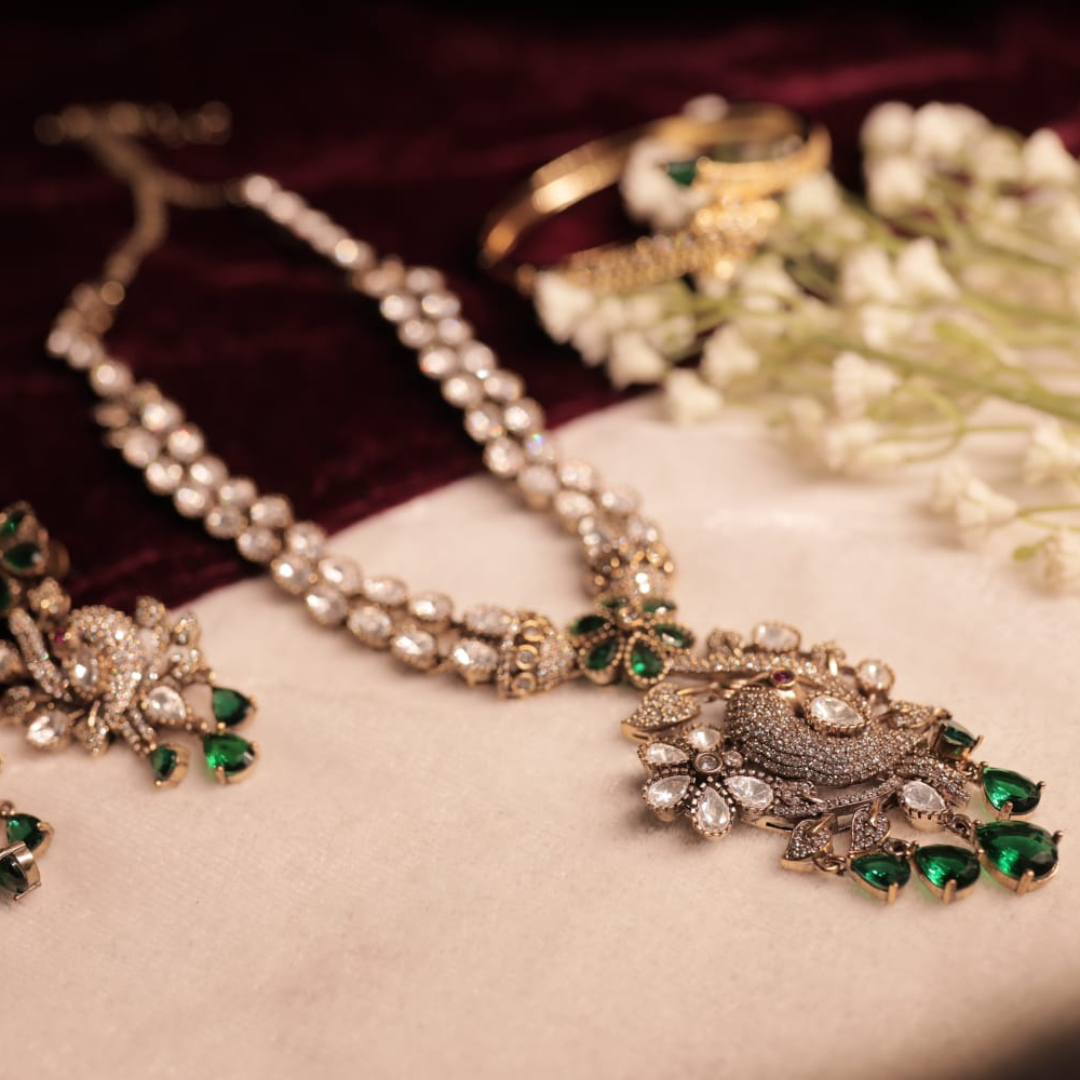 royal peacock design diamond look necklace set with emerald stones royal peacock design diamond look necklace set with emerald stones
