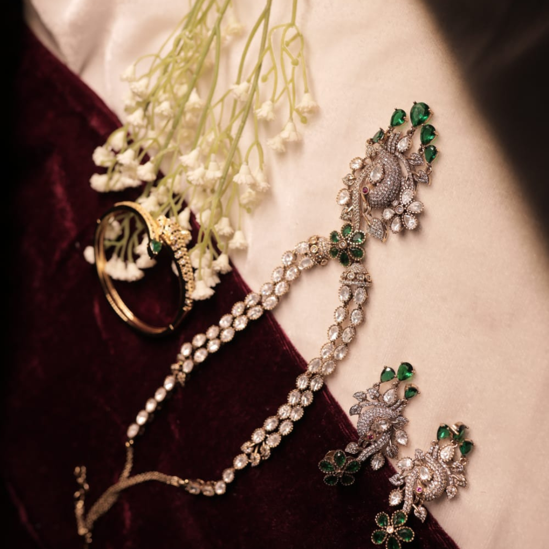 royal peacock design diamond look necklace set with emerald stones royal peacock design diamond look necklace set with emerald stones
