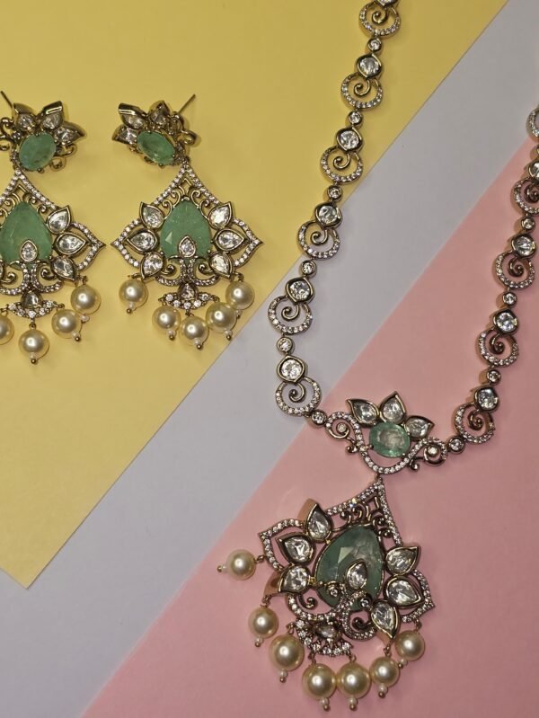 elegant mint green victorian necklace set with pearl drop earrings