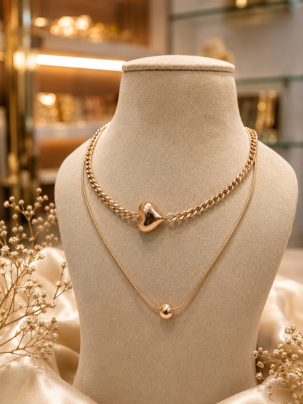 golden heart luxe layered necklace | double layer gold tone heart pendant chain for women